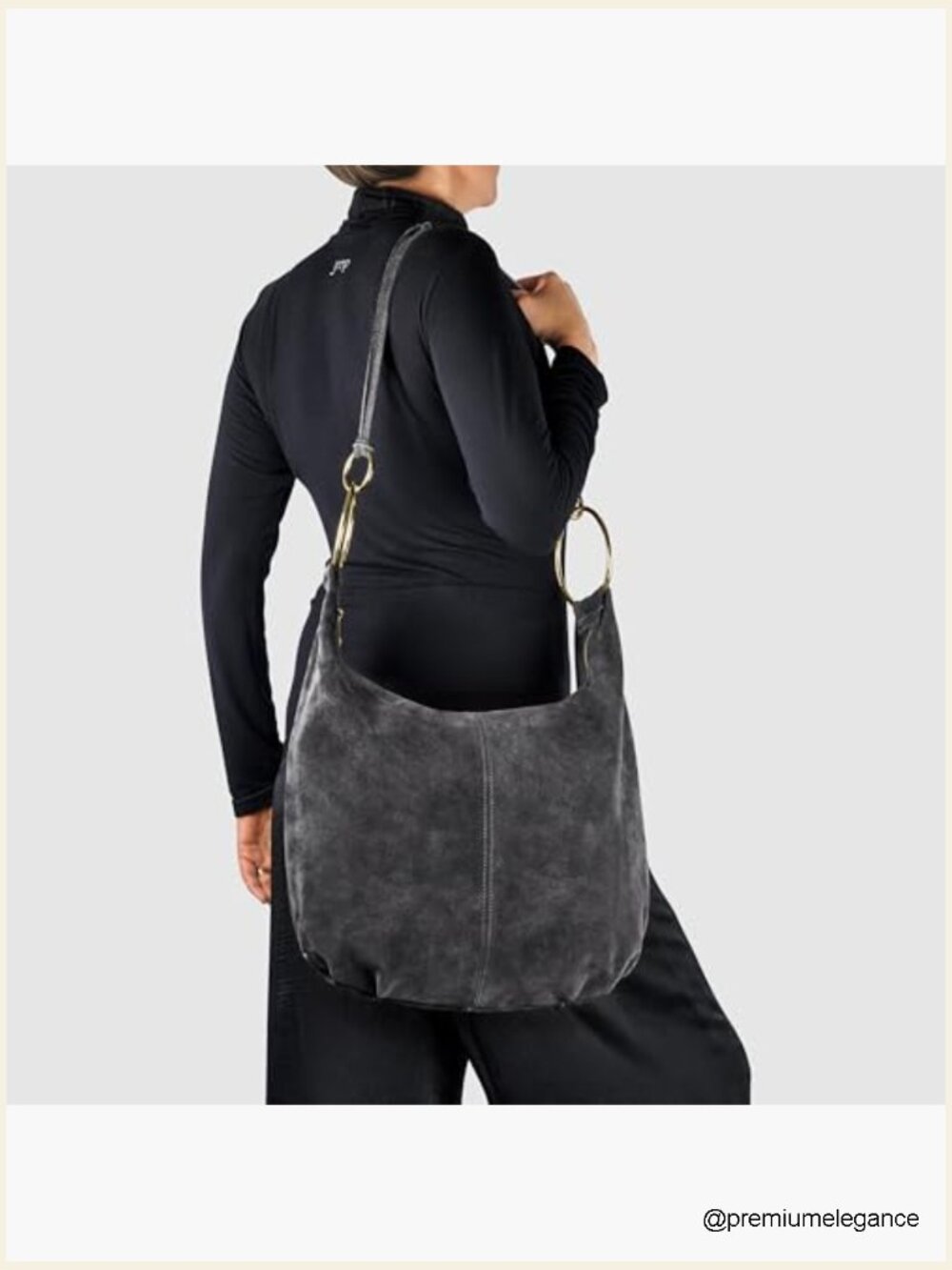 Italian Suede Hobo Bag with Zippered Closure and Ring Hardware, Large Shoulder - Picture 4 of 4